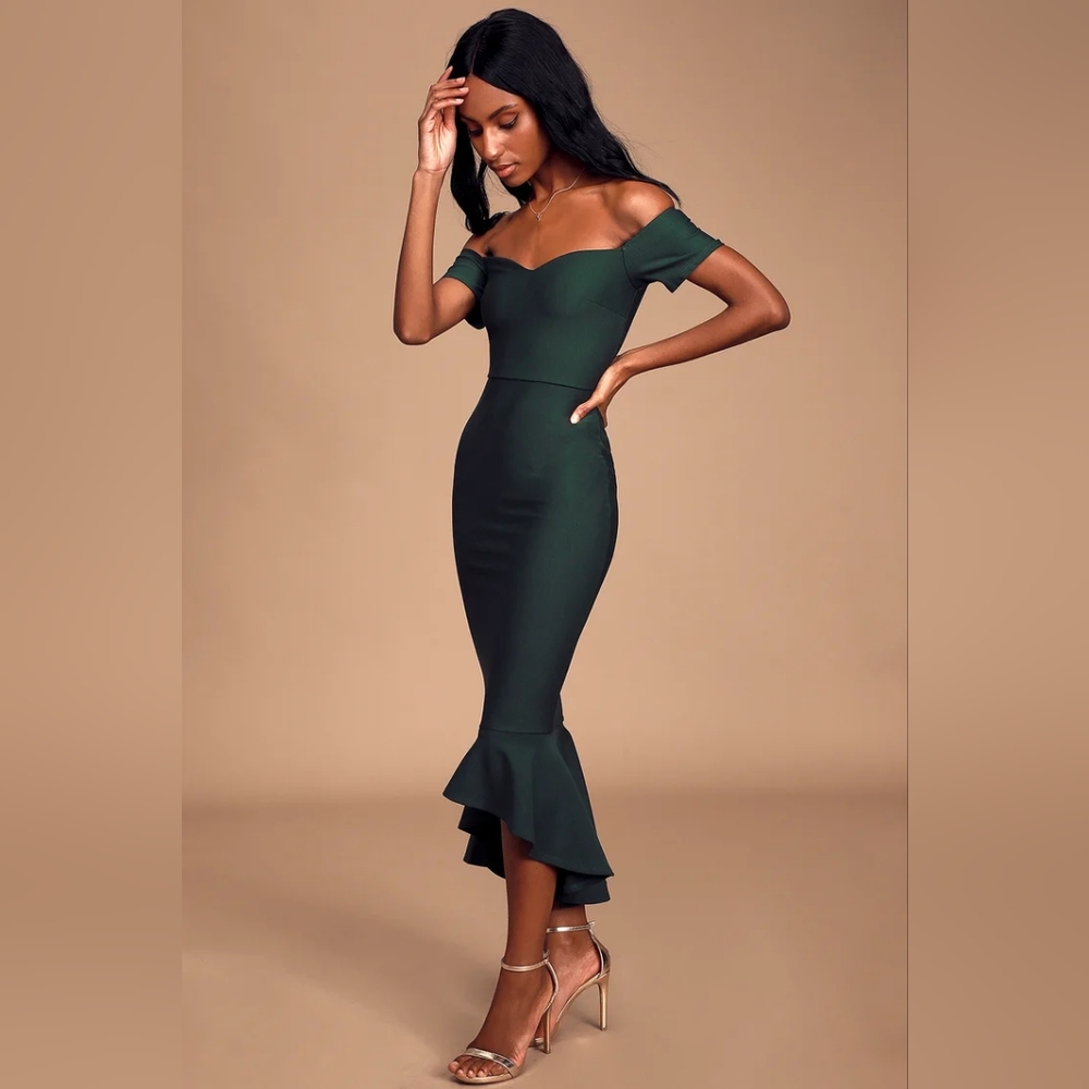 Lulu's Dark Green Off-the-Shoulder Midi Dress - XS